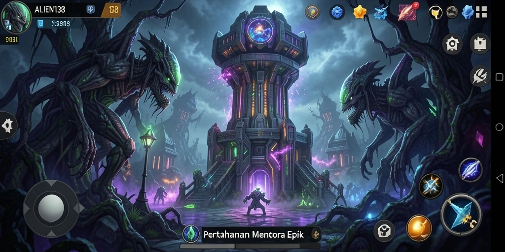 Tampilan gameplay ALIEN138 dengan menara yang siap bertahan melawan alien.