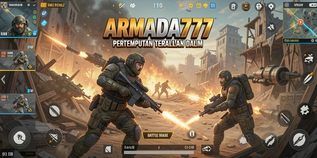 Screenshot gameplay ARMADA777 menampilkan aksi Battle Royale yang mendebarkan.