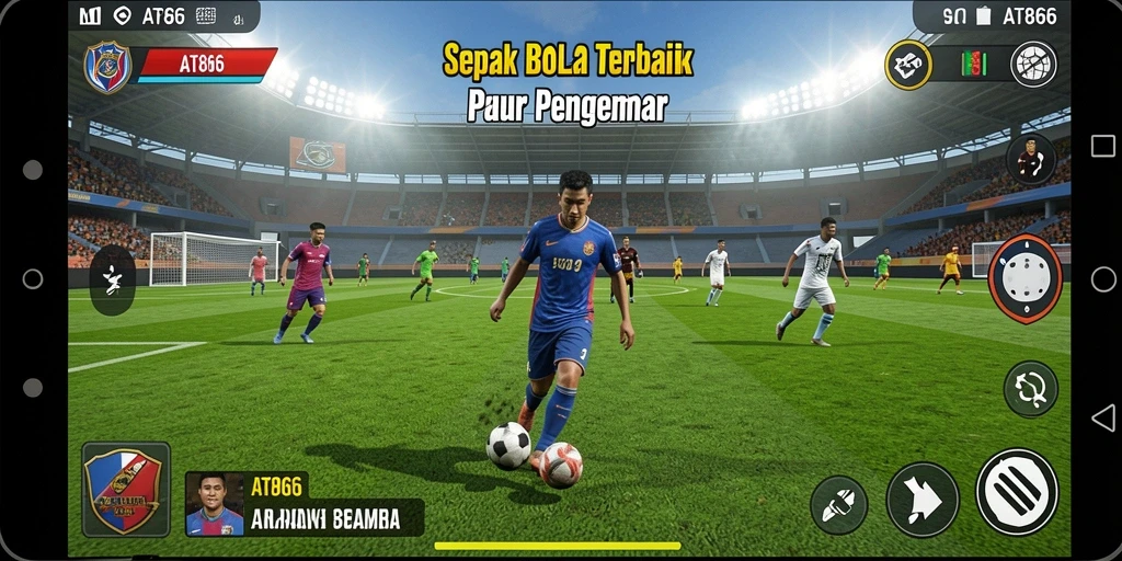Screenshot gameplay AT866 menampilkan aksi sepak bola yang menegangkan.