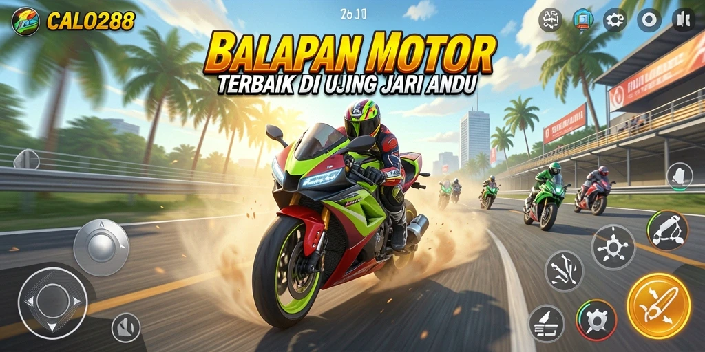 Tangkapan layar utama CALO288 menampilkan balapan motor yang seru.
