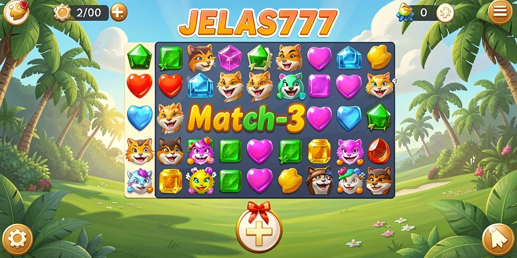 Tangkapan layar JELAS777 menampilkan gameplay Match-3 yang menarik dengan efek visual yang memukau.
