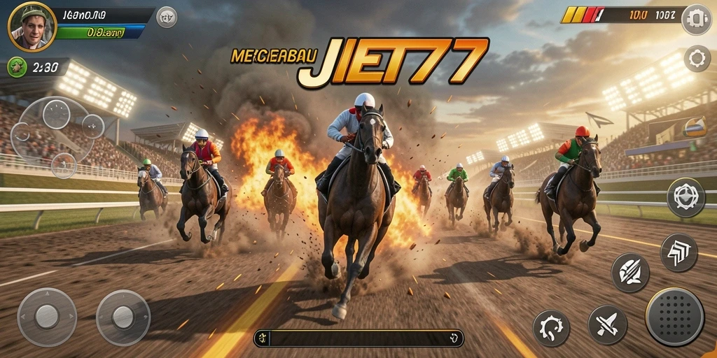 Gameplay JET77 yang menampilkan aksi balap seru dan motor kustom.
