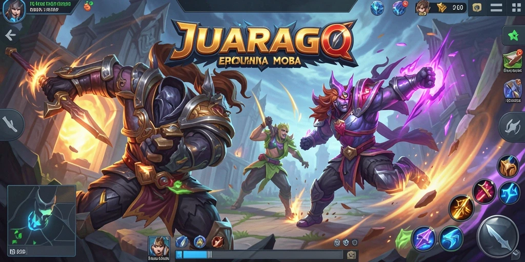 Screenshot gameplay JUARAGO menampilkan pertarungan seru di arena MOBA.