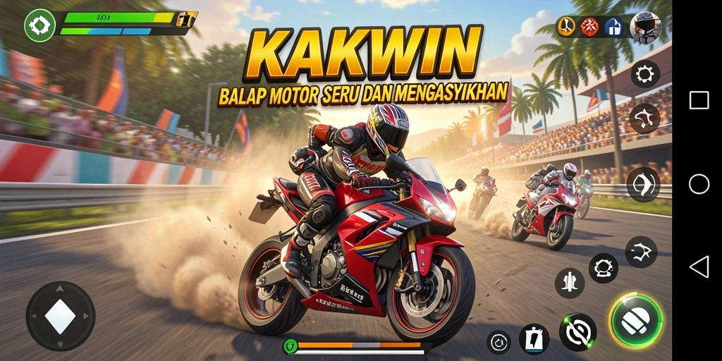 Tangkapan layar gameplay KAKWIN menampilkan aksi balap motor yang mendebarkan.