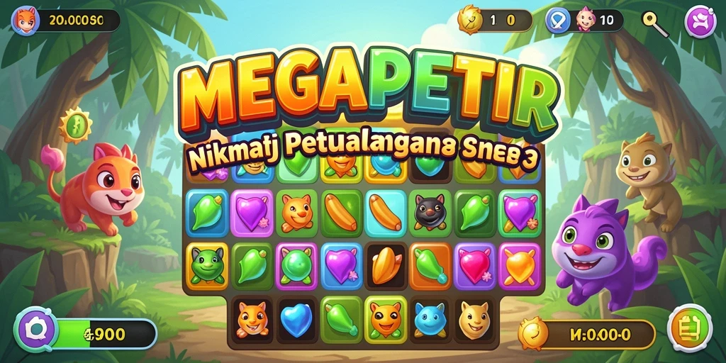 Tampilan gameplay Match-3 MEGAPETIR yang penuh warna.