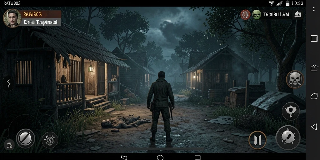 Screenshot gameplay menegangkan di RATU303, menampilkan suasana kelam dan kengerian.