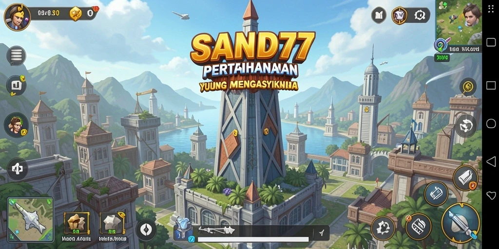 Tampilan gameplay seru di SAND77 dengan menara pertahanan beraksi.