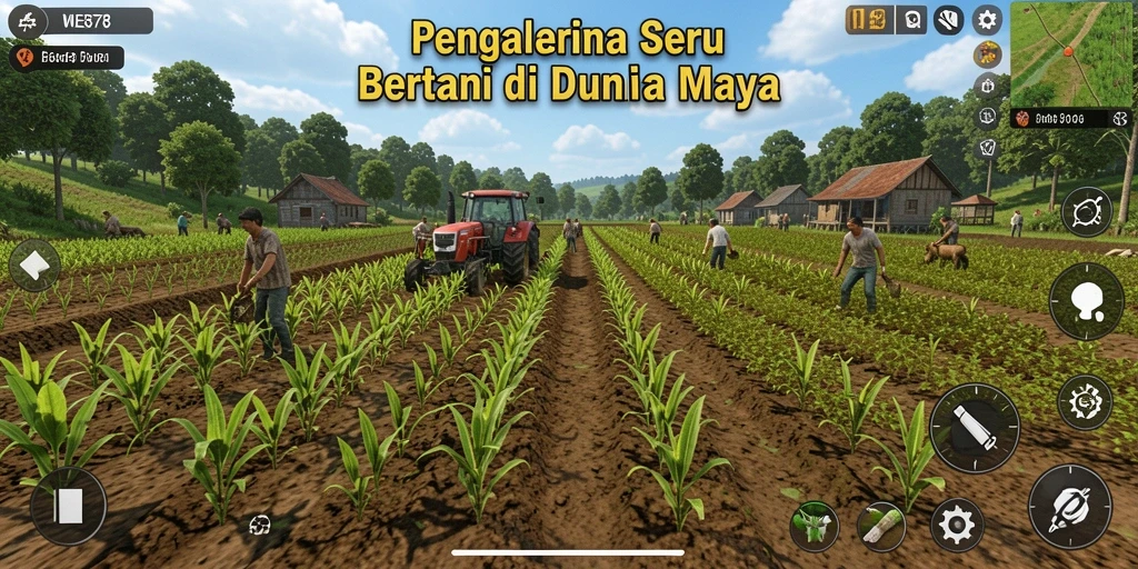 Tampilan utama gameplay WE878 yang menggambarkan aktivitas bertani.