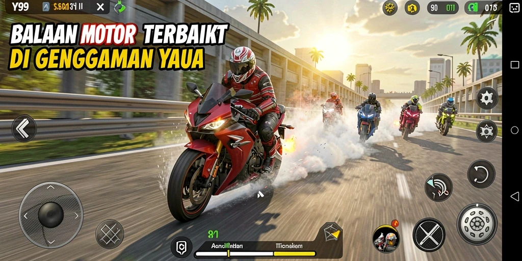 Screenshot menunjukkan gameplay menegangkan dari Y89 balapan motor.